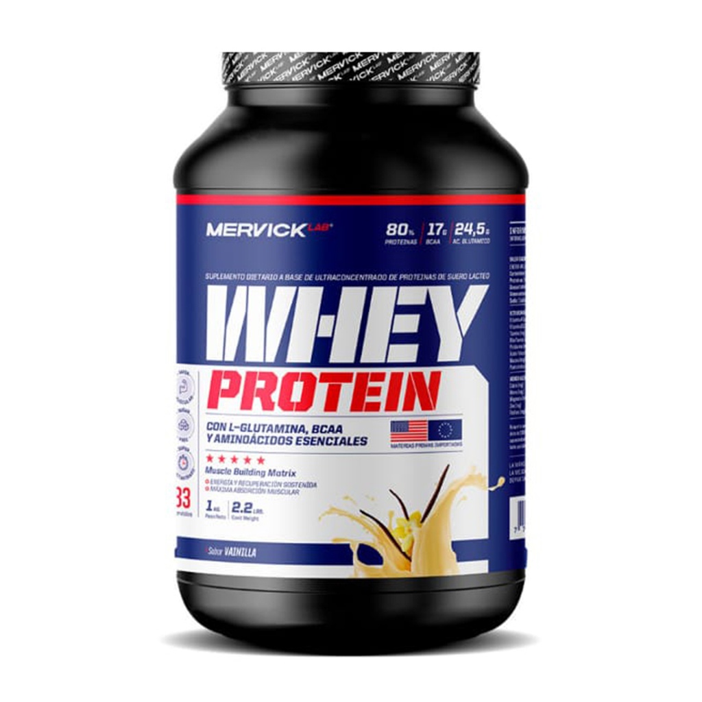 WHEY PROTEIN VAINILLA ICE CREAM 80% PROTEINA + BCAA + GLUTAMINA (30 DOSIS) 1kg MER122