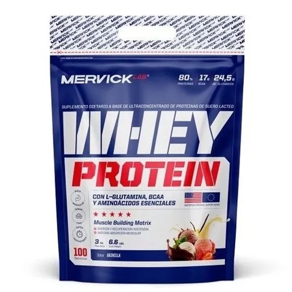 WHEY PROTEIN 3 SABORES 80% PROTEINA + BCAA + GLUTAMINA (100 DOSIS) 3 kg MER95